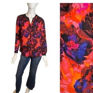 NYDJ Pink Floral Colorful Pintuck Top Crew Neck Pleated Blouse Size XSP